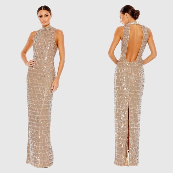 NWT Mac Duggal 10907 Sequined High Neck Sleeveless Column Gown in Taupe Size 12 - Picture 1 of 13